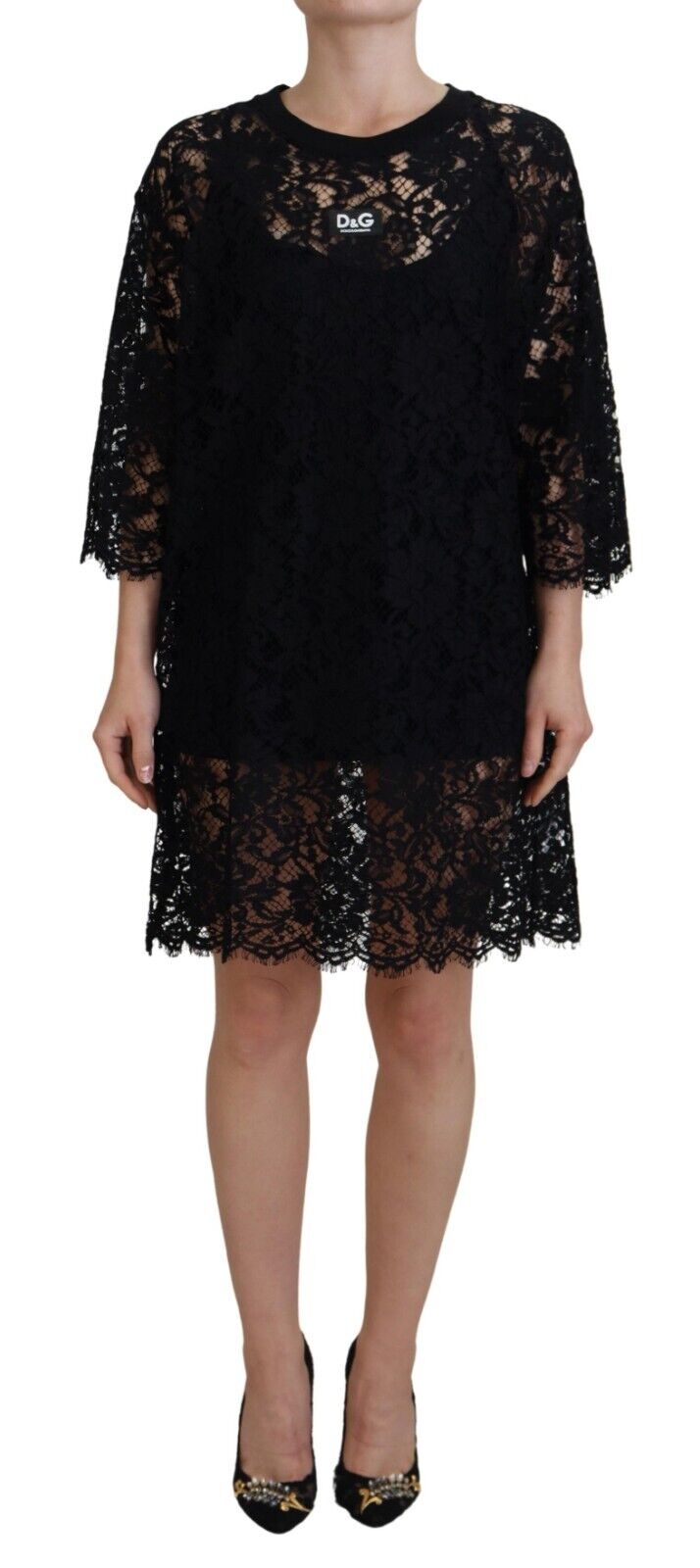 - Elegant Black Floral Lace Shift Dress