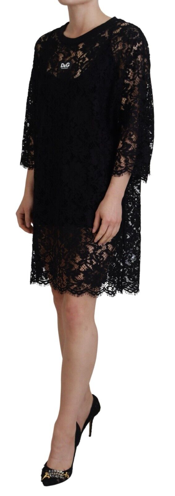 - Elegant Black Floral Lace Shift Dress