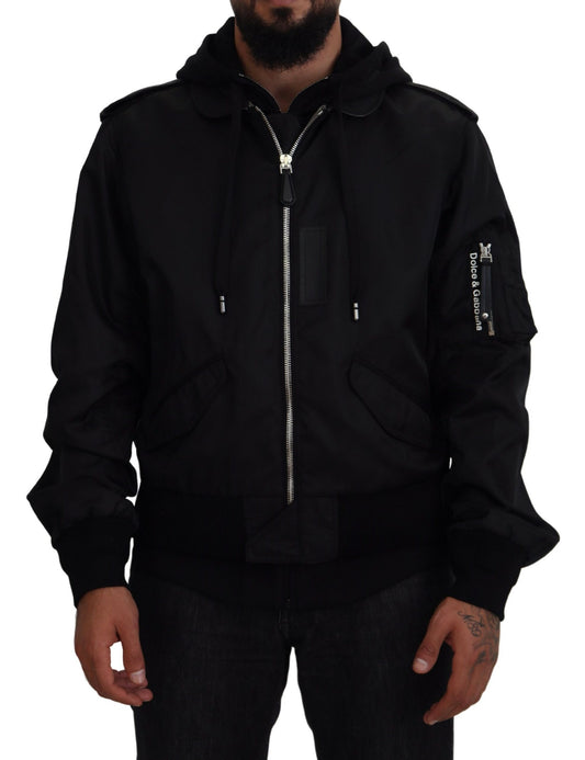 - Sleek Black Hooded Bomber Jacket