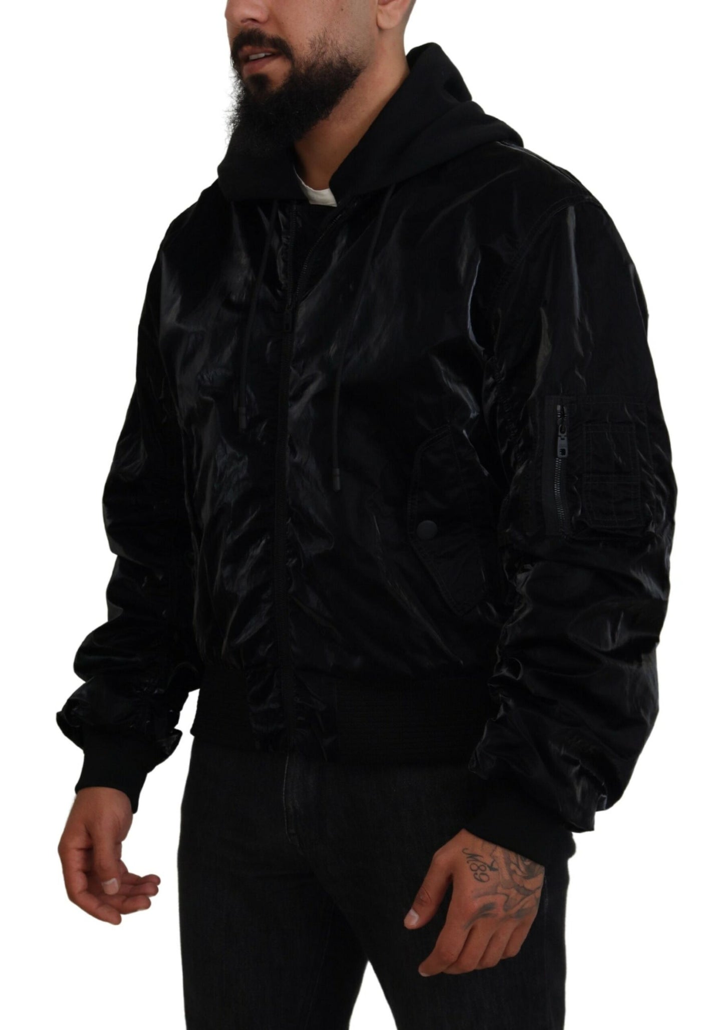 - Elegant Black Bomber Hooded Jacket