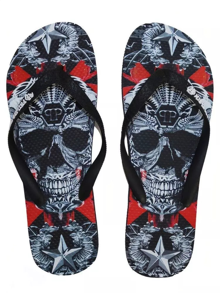 Philipp Plein Skull Black/Red/White Graphic Flip Flops for Women