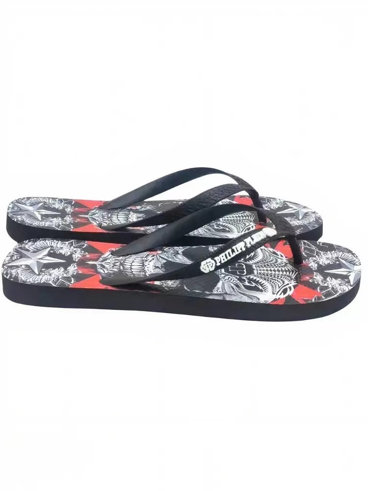 Philipp Plein Skull Black/Red/White Graphic Flip Flops for Women