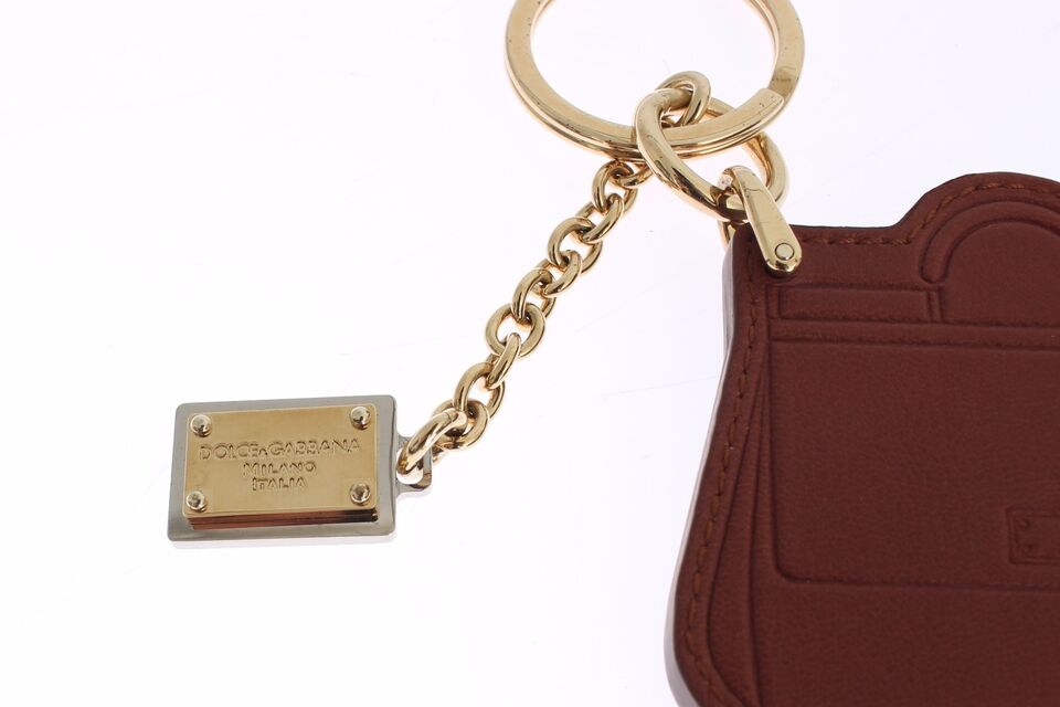 - Elegant Brown Leather Keychain with Gold Detailing