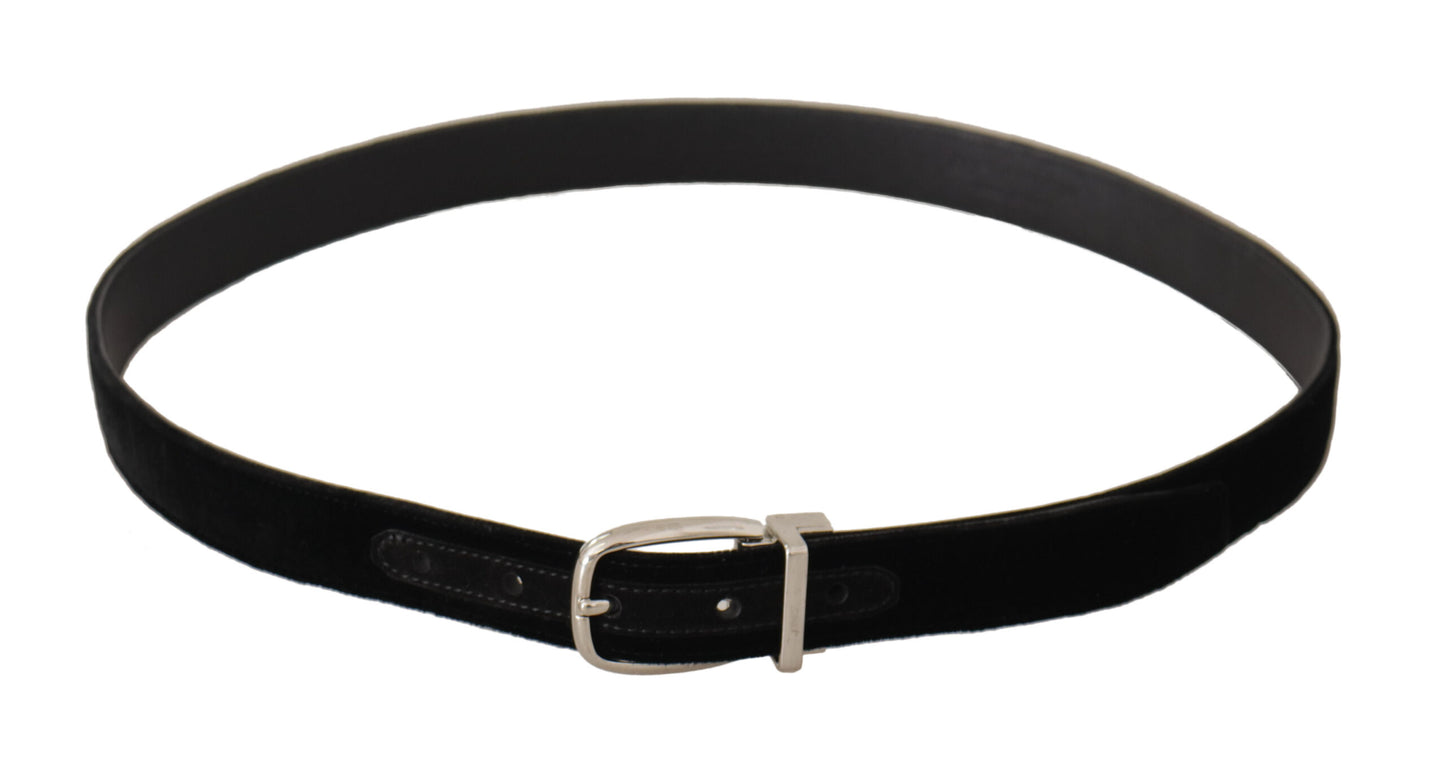 - Elegant Velvet Black Belt with Logo Buckle