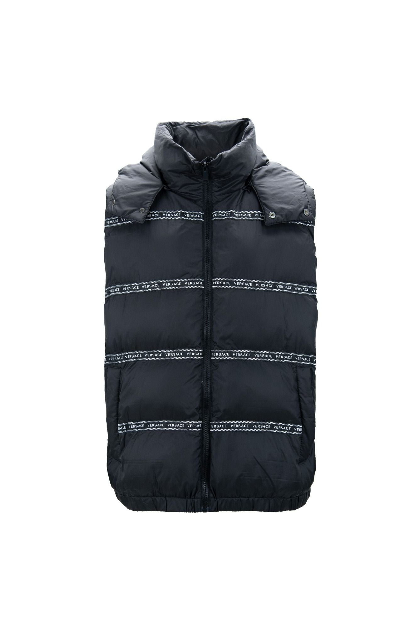 - Elegant Black Logo Band Vest with Detachable Hood