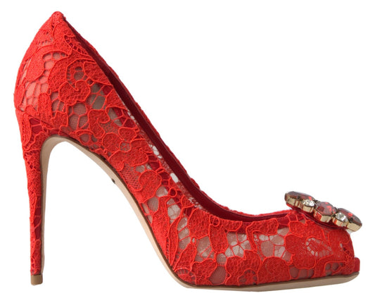 - Chic Red Lace Heels with Crystal Embellishment