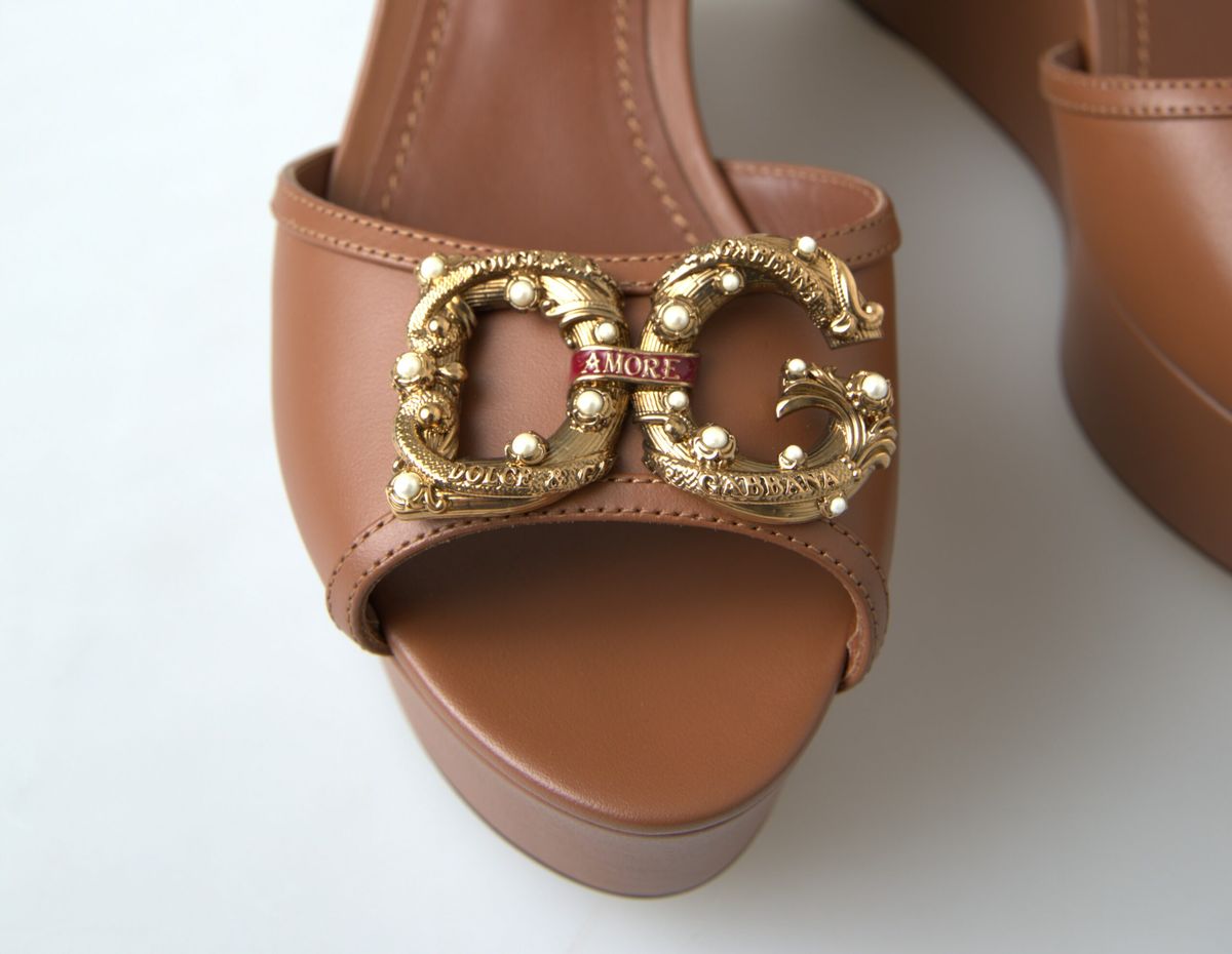Dolce & Gabbana Brown Leather Ankle Strap Wedges with DG Amore Logo – Luxury Sandals