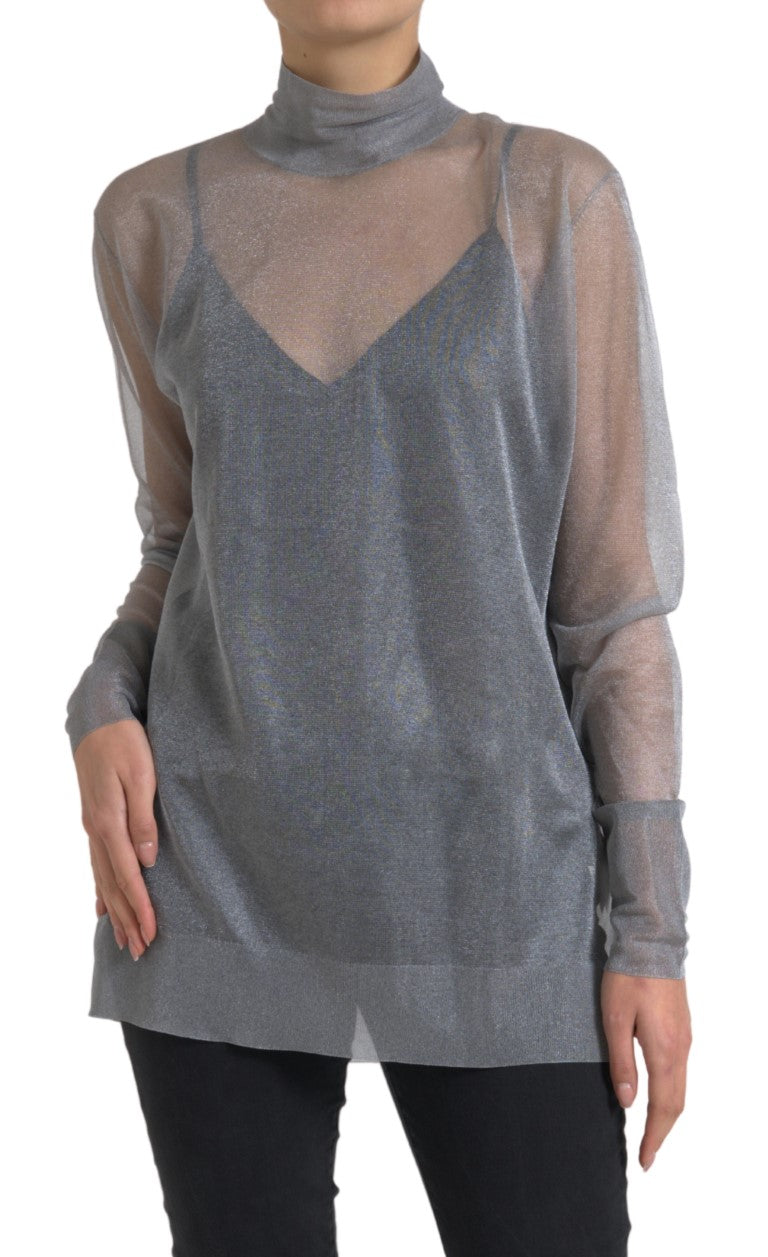 - Elegant Gray Long Sleeve Mesh Top