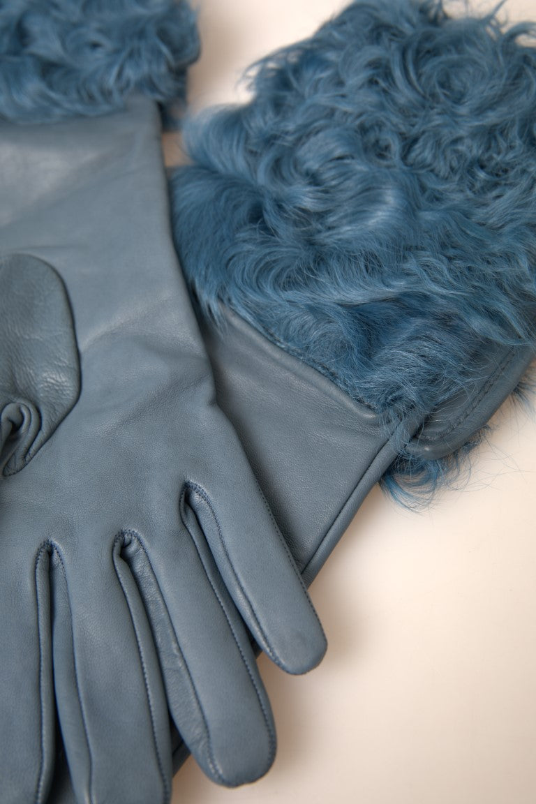 - Elegant Blue Leather Gloves with Fur Trim