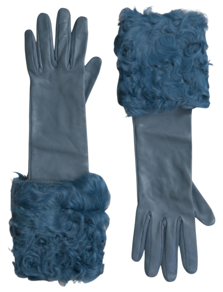 - Elegant Blue Leather Gloves with Fur Trim