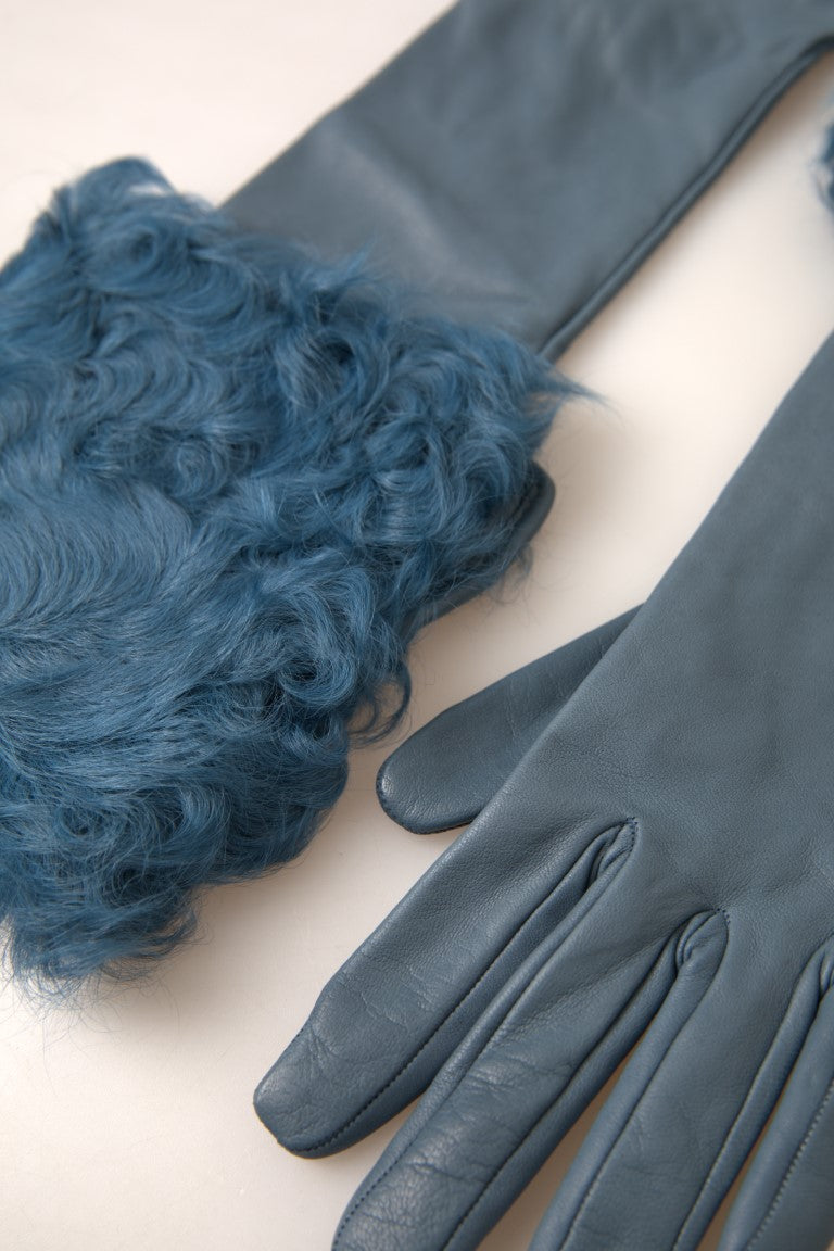 - Elegant Blue Leather Gloves with Fur Trim