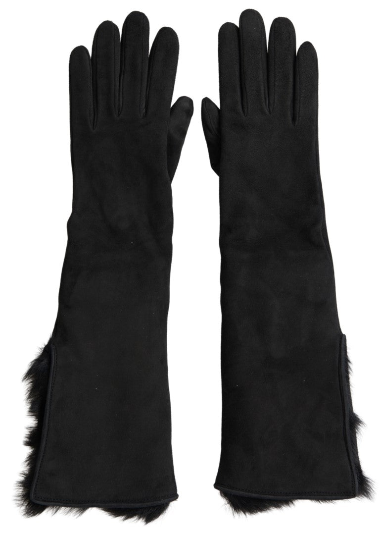 - Elegant Leather Elbow Length Gloves with Fur Trim