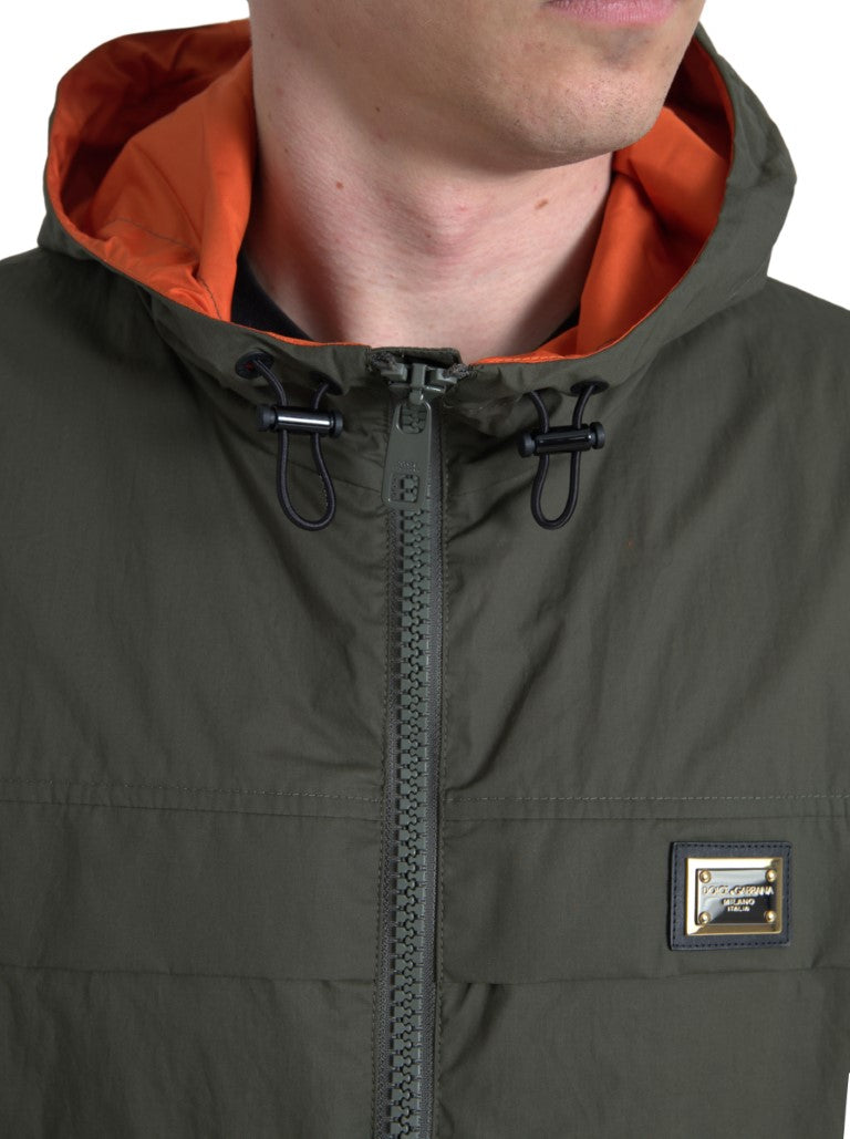 - Elegant Hooded Full Zip Jacket in Green and Orange