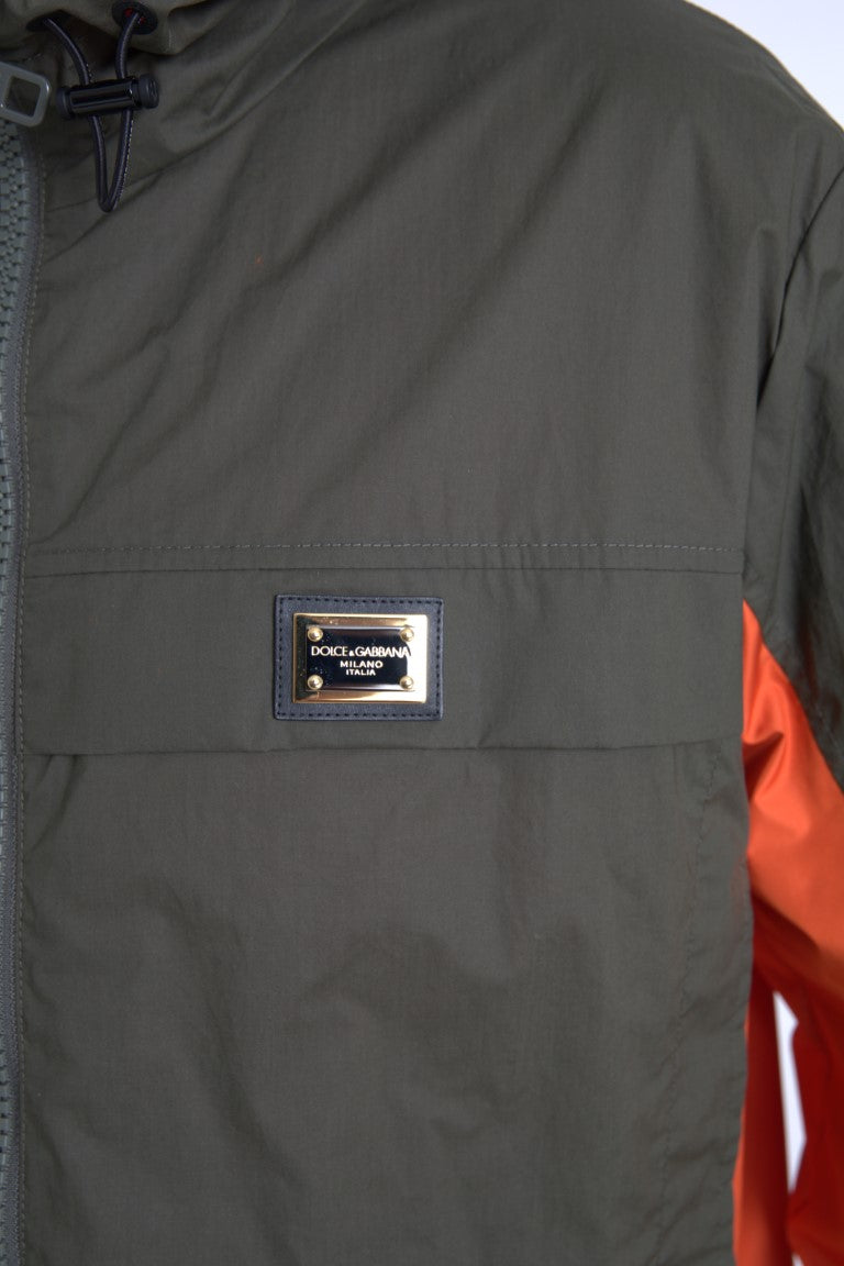 - Elegant Hooded Full Zip Jacket in Green and Orange