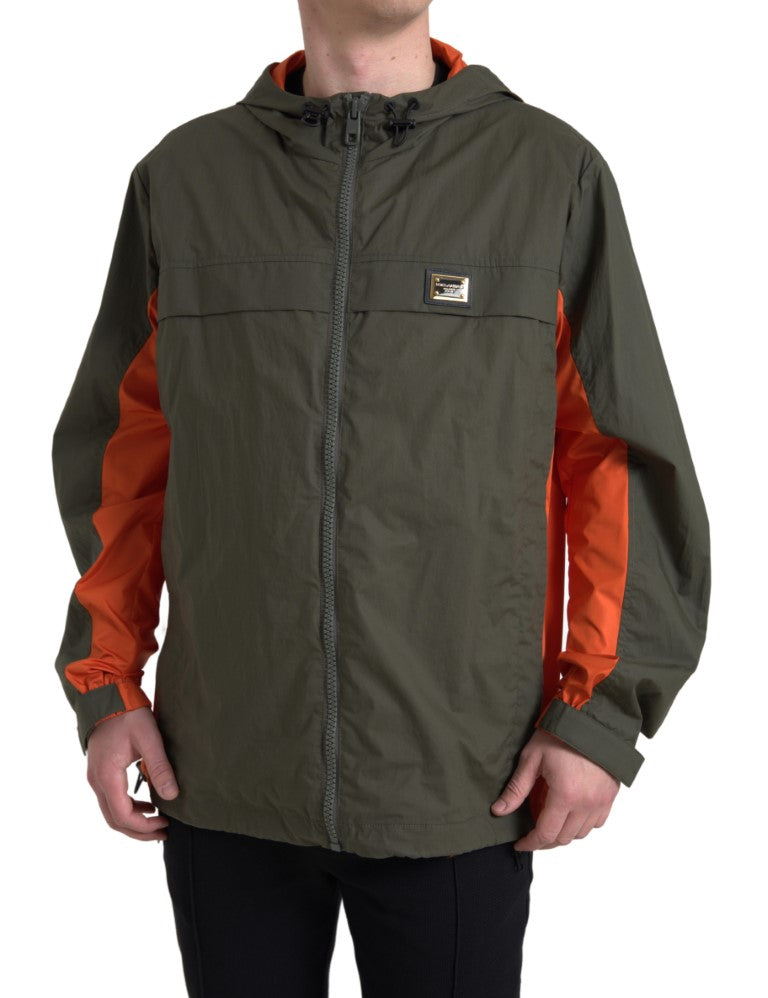 - Elegant Hooded Full Zip Jacket in Green and Orange