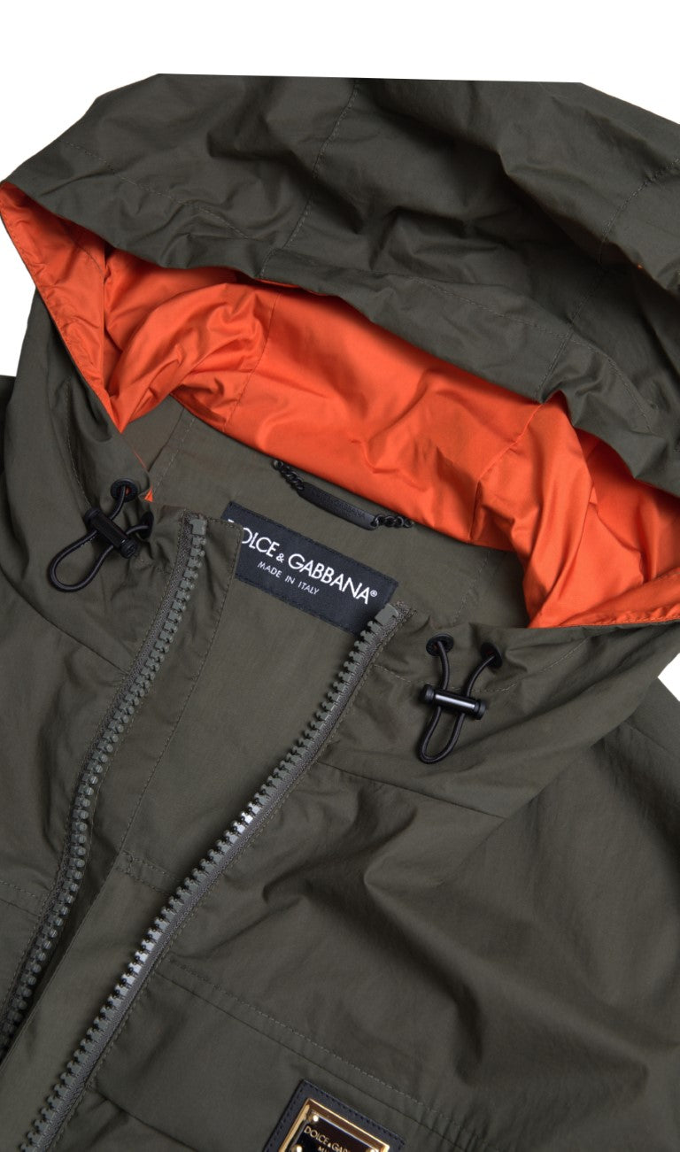 - Elegant Hooded Full Zip Jacket in Green and Orange