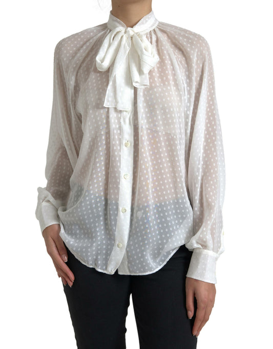 Dolce & Gabbana White Dotted Sheer Silk Button-Up Pussy Bow Blouse