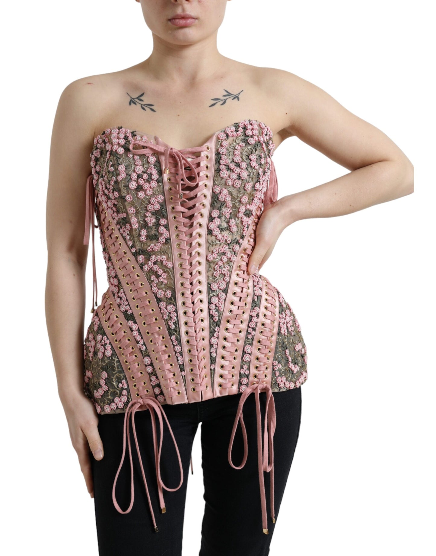 Dolce & Gabbana Pink Embellished Lace-Up Corset
