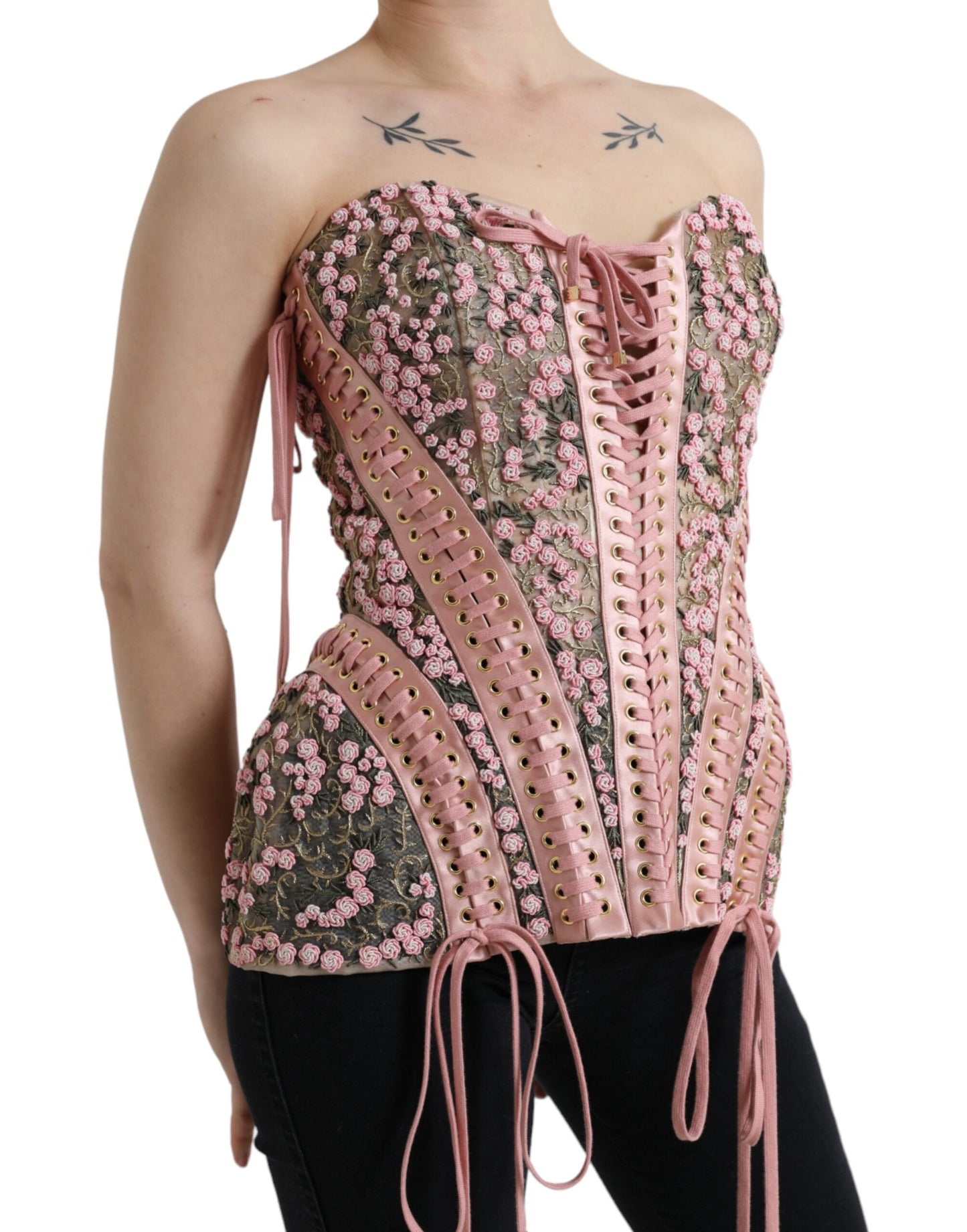 Dolce & Gabbana Pink Embellished Lace-Up Corset