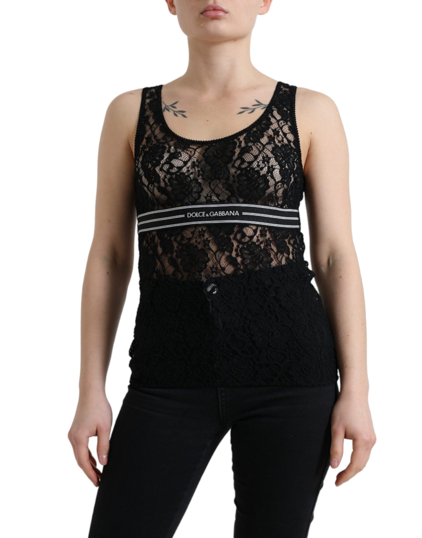 - Elegant Lace Tank Top with Logo Stripe