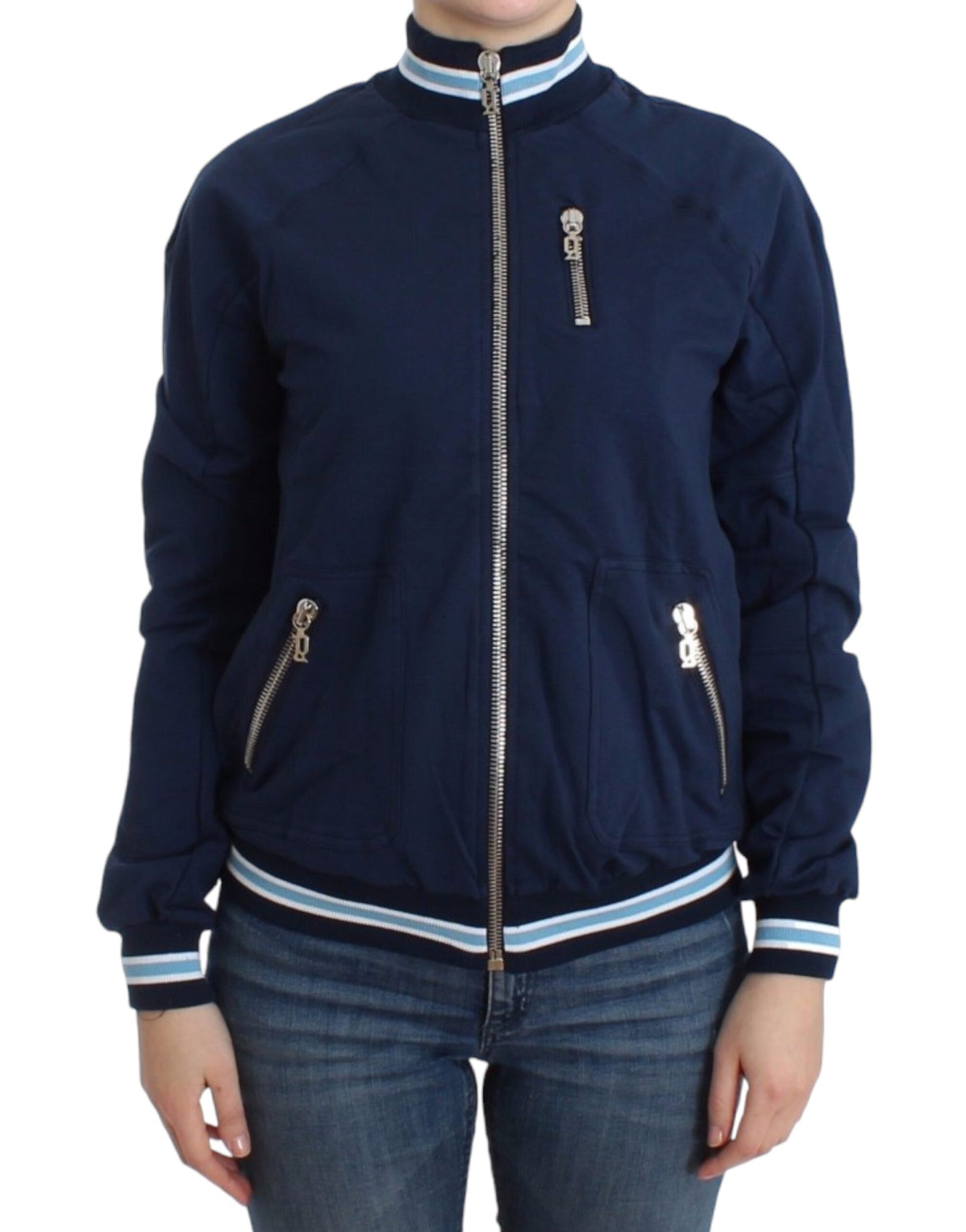- Chic Blue Zip Cardigan with Logo Detail