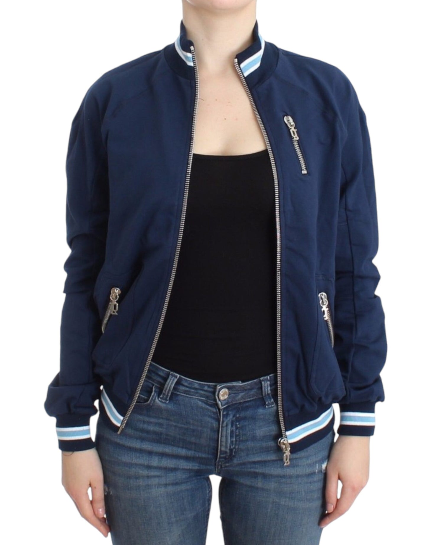 - Chic Blue Zip Cardigan with Logo Detail
