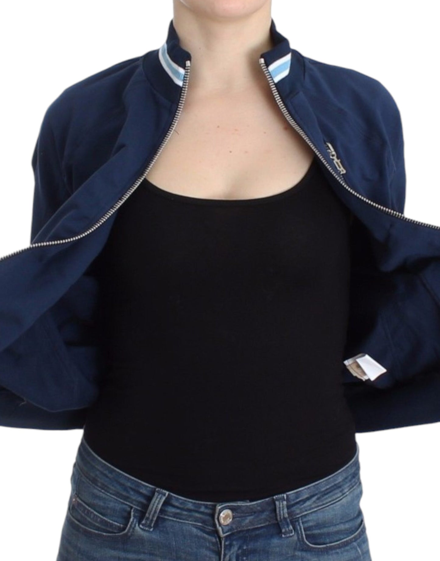 - Chic Blue Zip Cardigan with Logo Detail