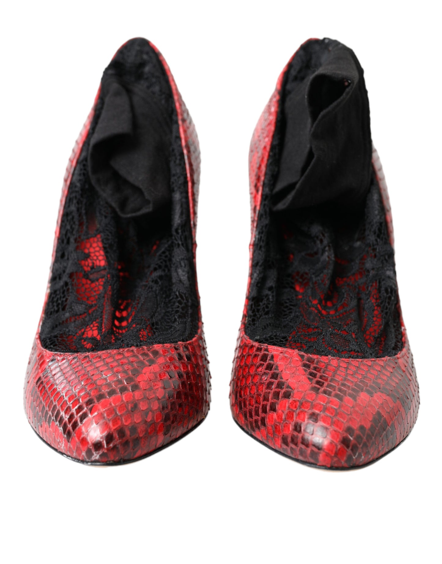 - Red Almond Toe Snakeskin Pumps with Lace Socks
