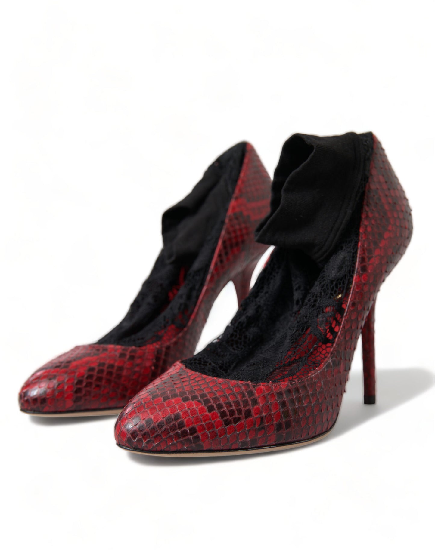 - Red Almond Toe Snakeskin Pumps with Lace Socks