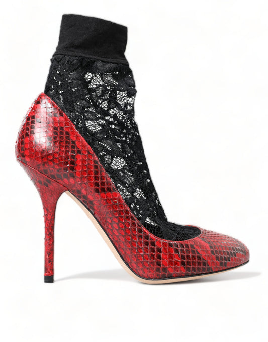 - Red Almond Toe Snakeskin Pumps with Lace Socks