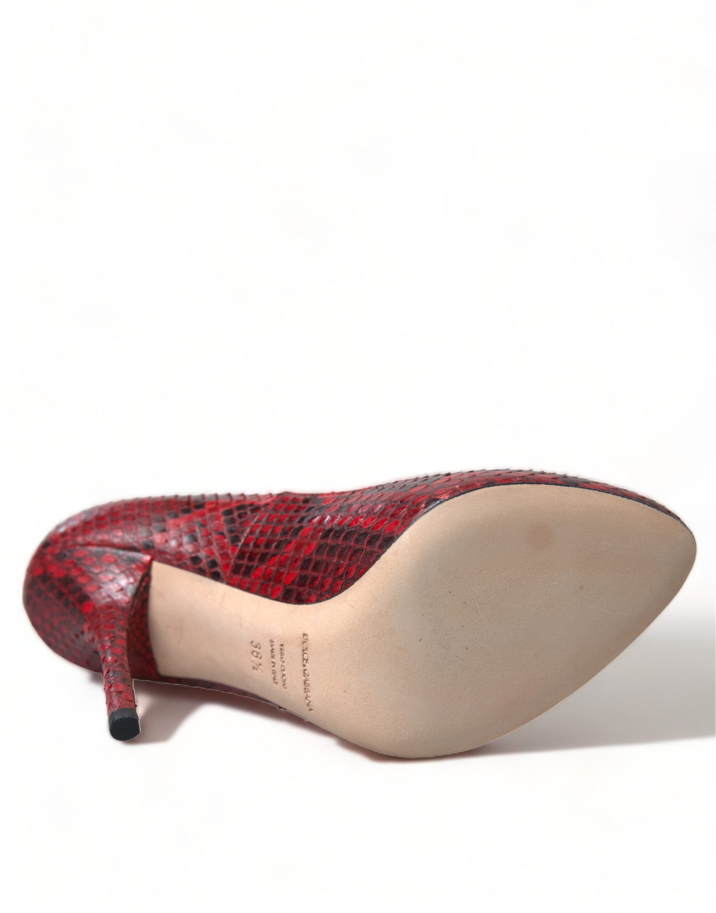 - Red Almond Toe Snakeskin Pumps with Lace Socks