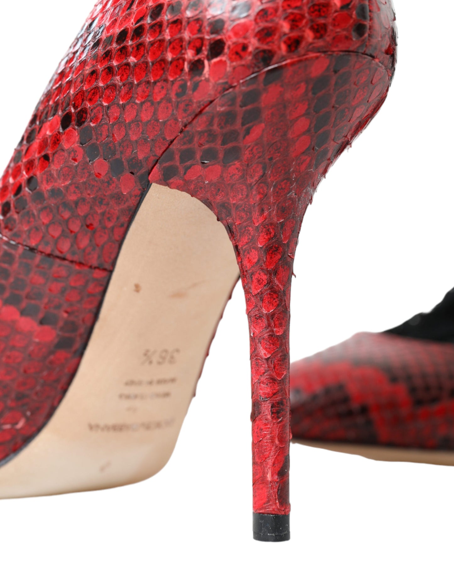 - Red Almond Toe Snakeskin Pumps with Lace Socks