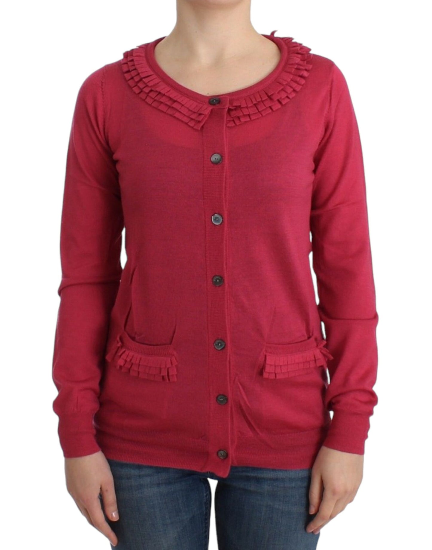 - Ruffle Detail Wool Cardigan in Pink