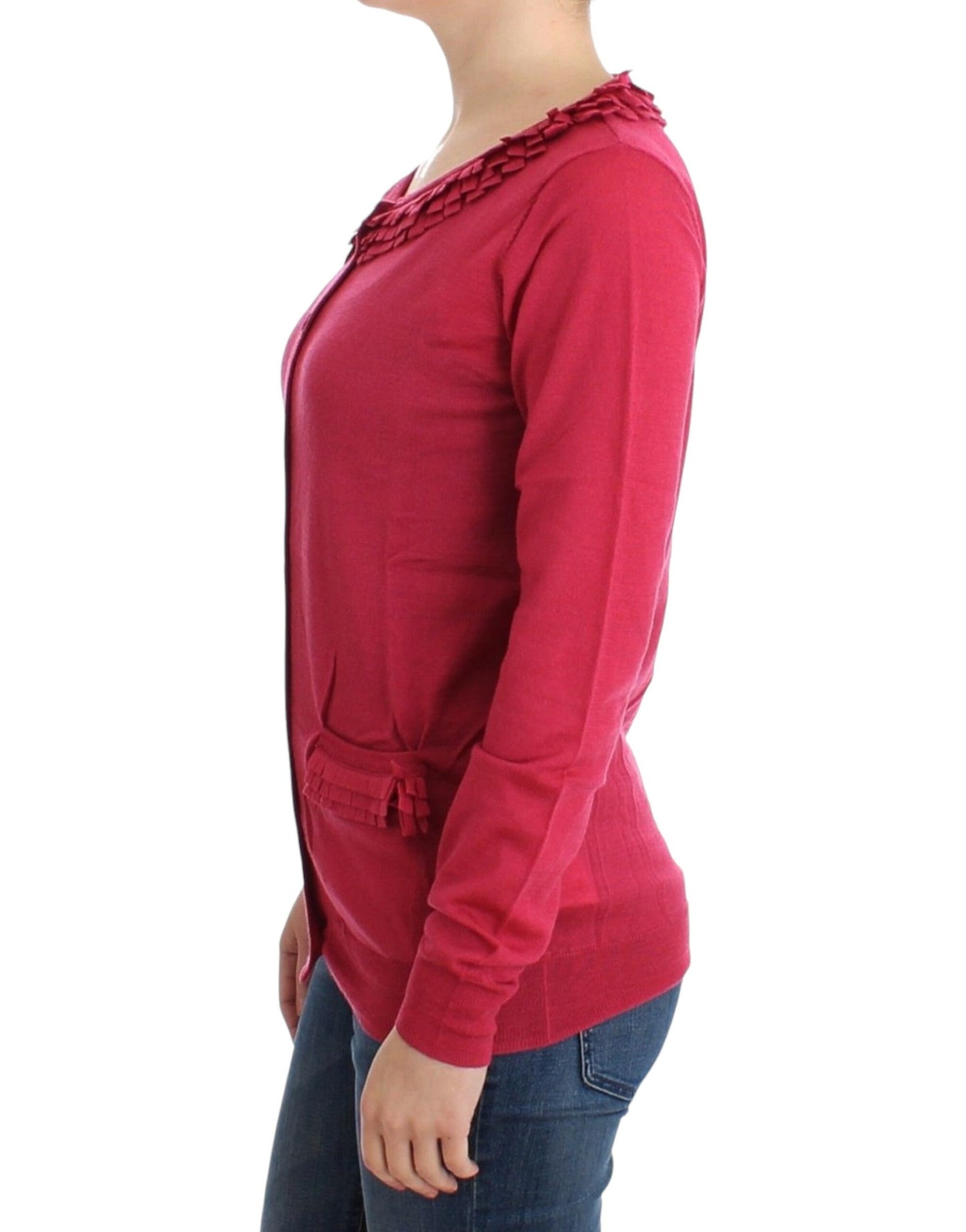 - Ruffle Detail Wool Cardigan in Pink