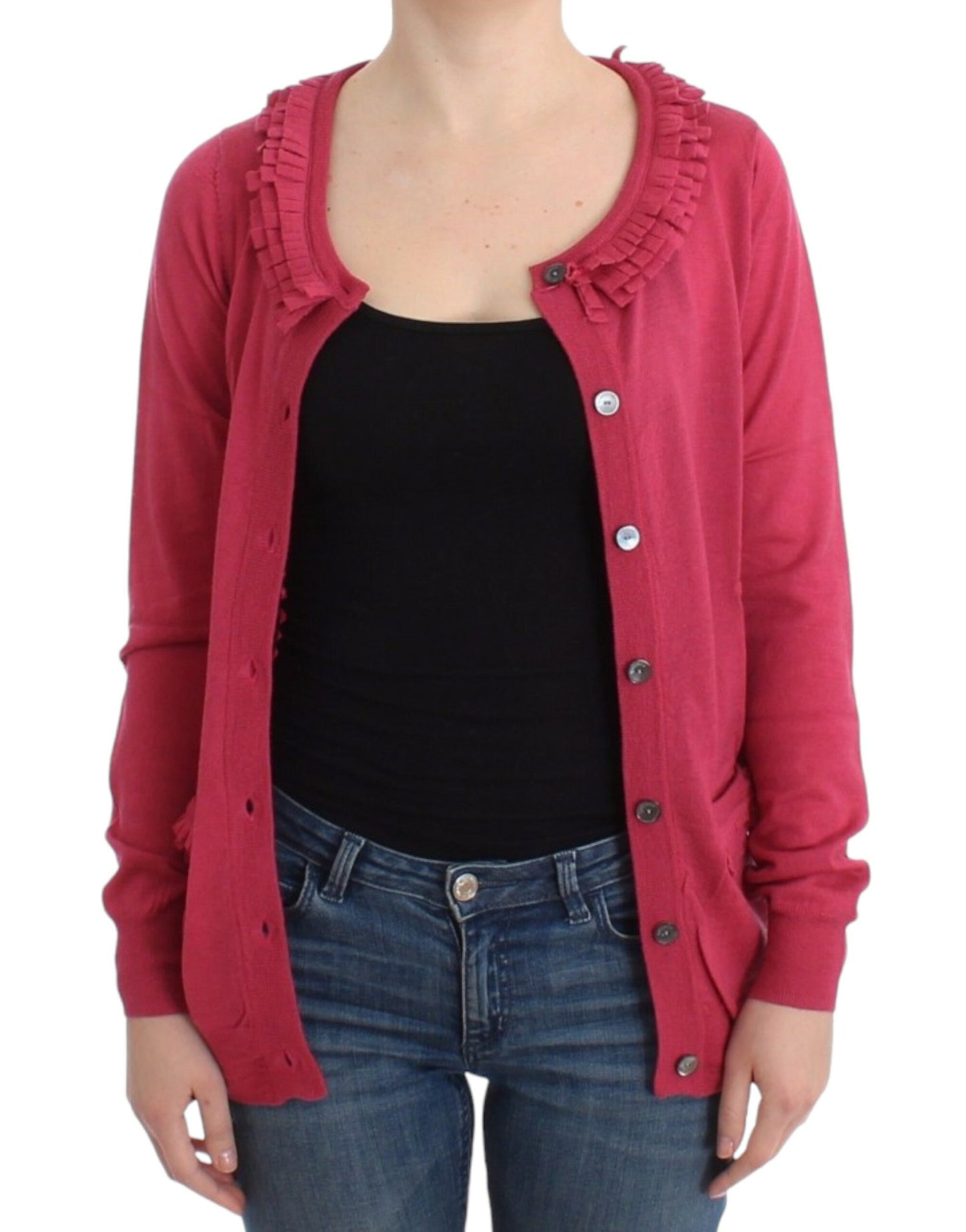 - Ruffle Detail Wool Cardigan in Pink