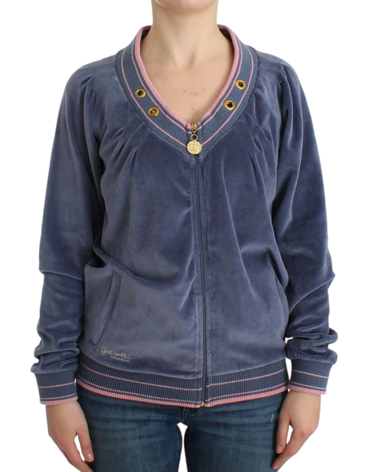 - Elegant Blue Zip Cardigan with Gold Details