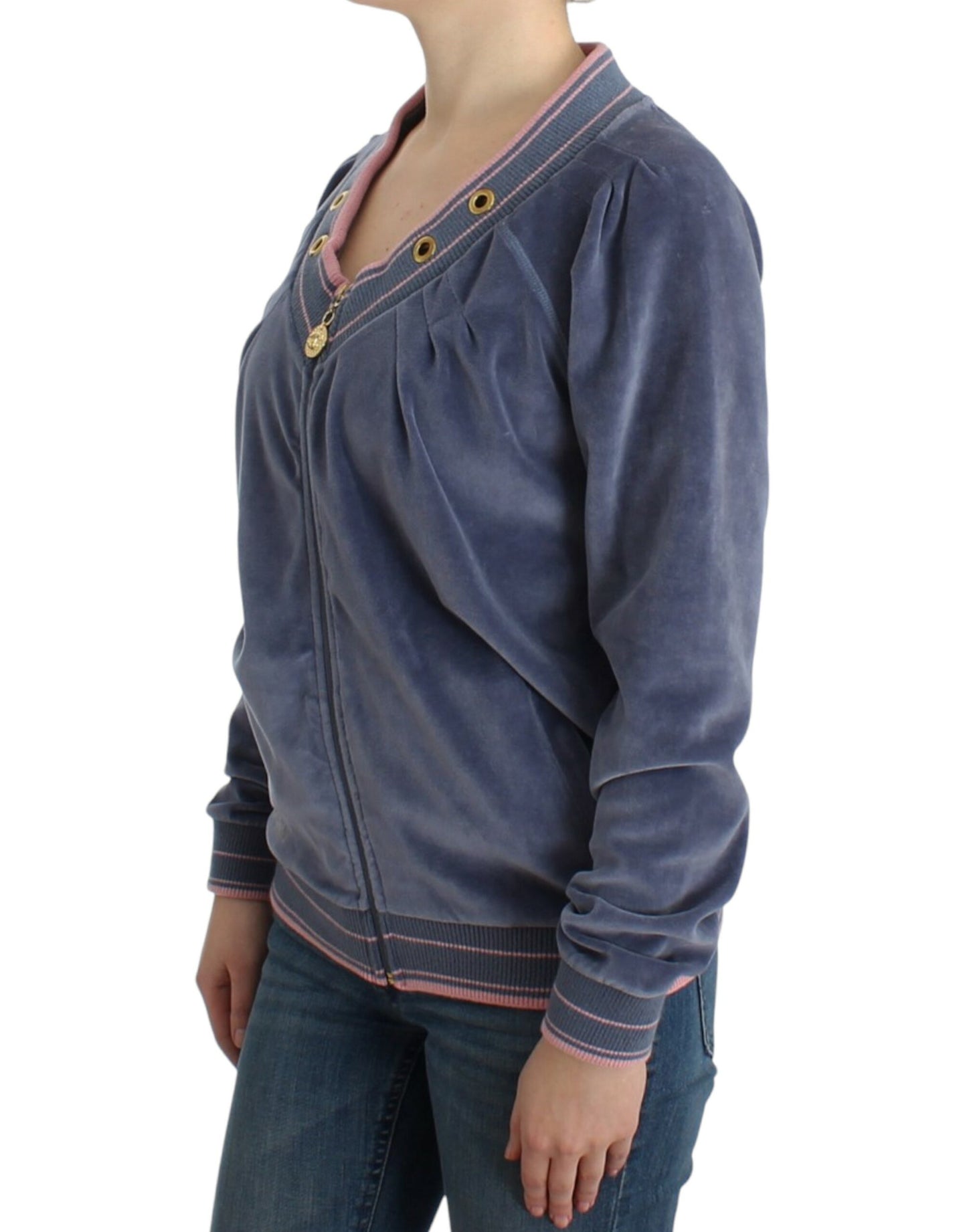 - Elegant Blue Zip Cardigan with Gold Details