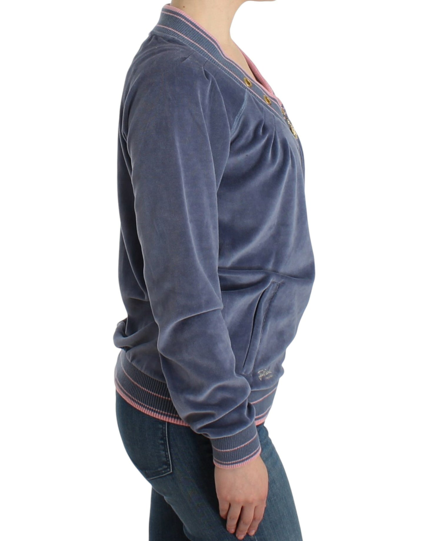 - Elegant Blue Zip Cardigan with Gold Details