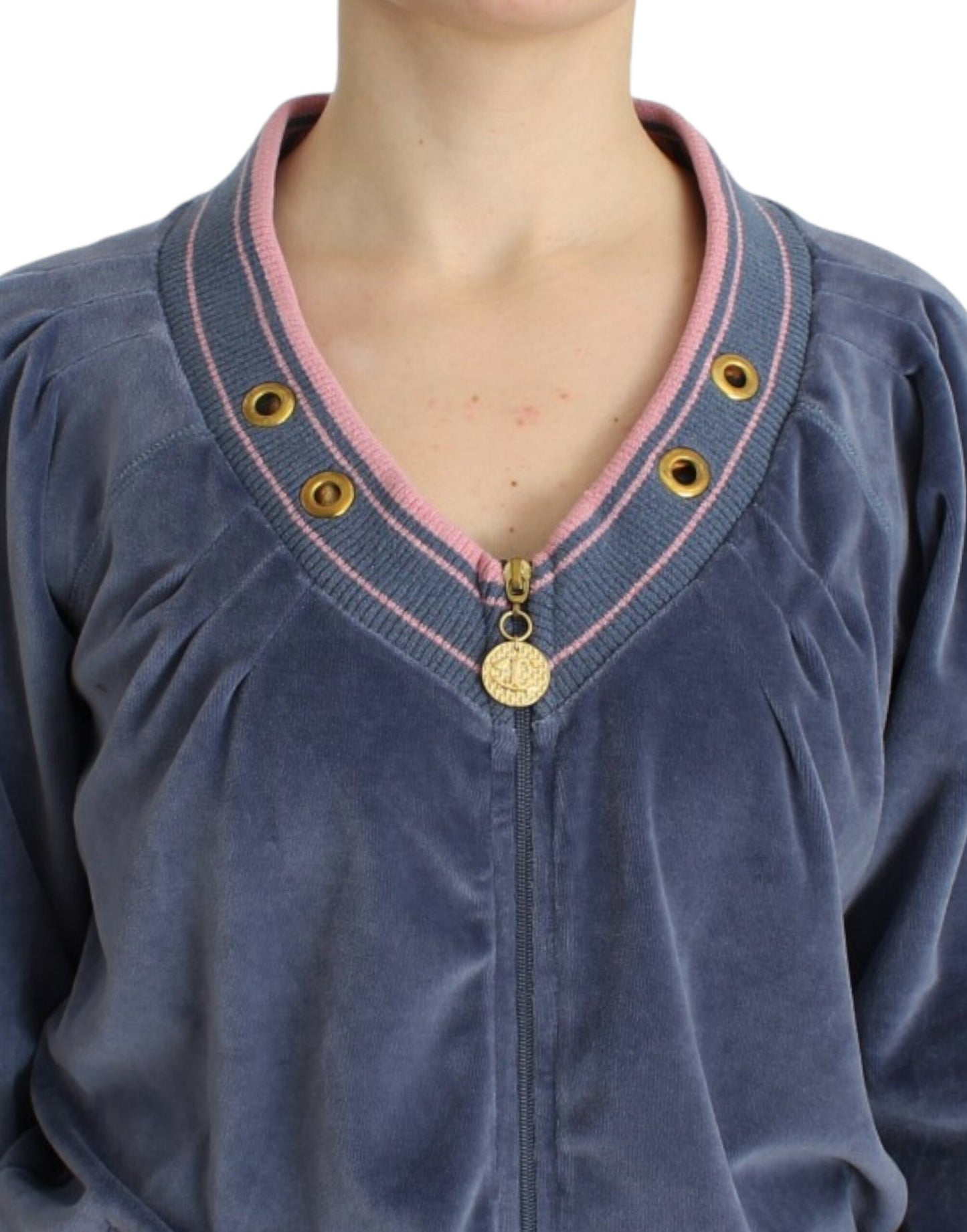 - Elegant Blue Zip Cardigan with Gold Details