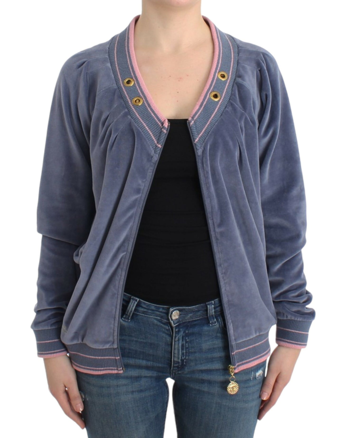- Elegant Blue Zip Cardigan with Gold Details