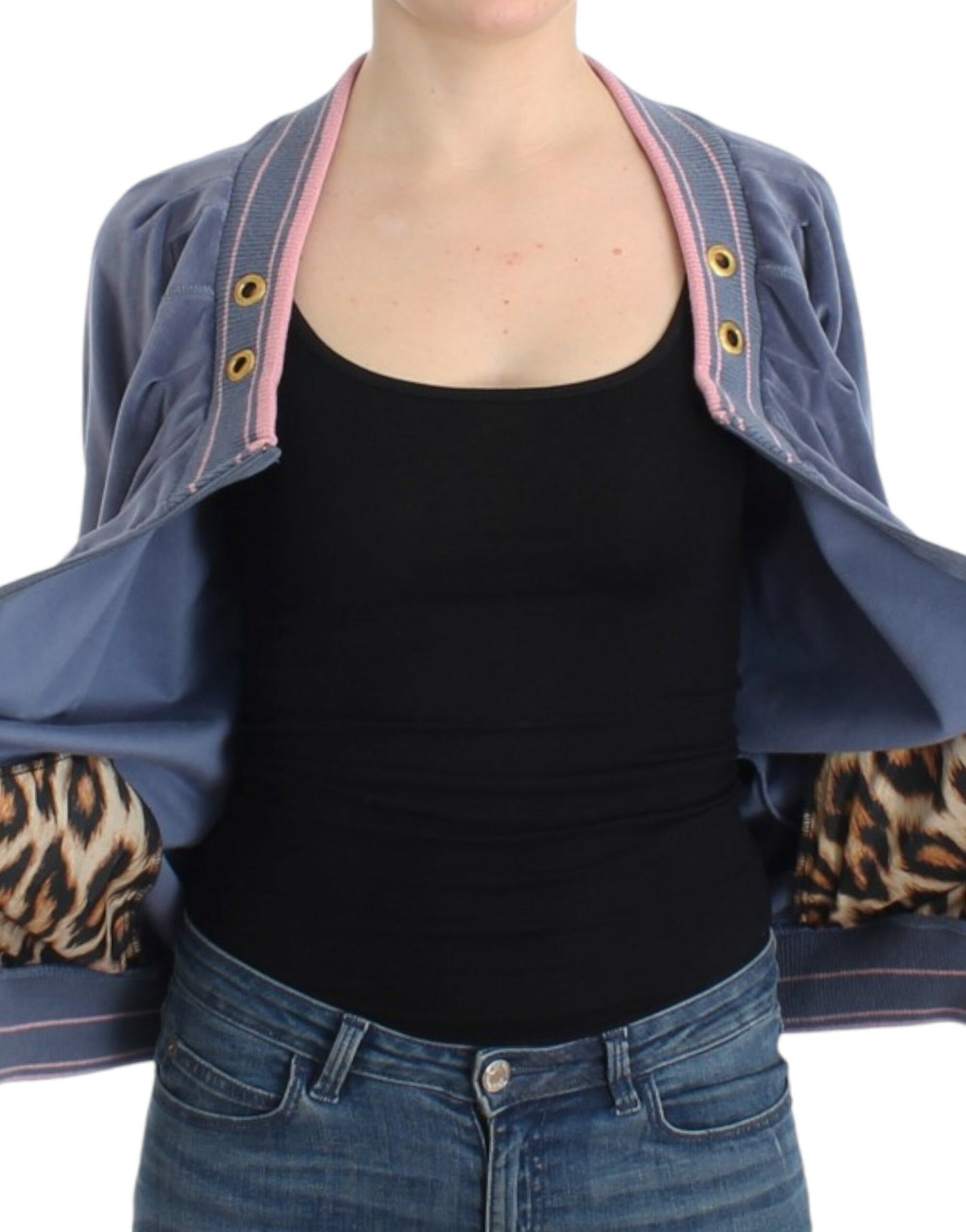 - Elegant Blue Zip Cardigan with Gold Details