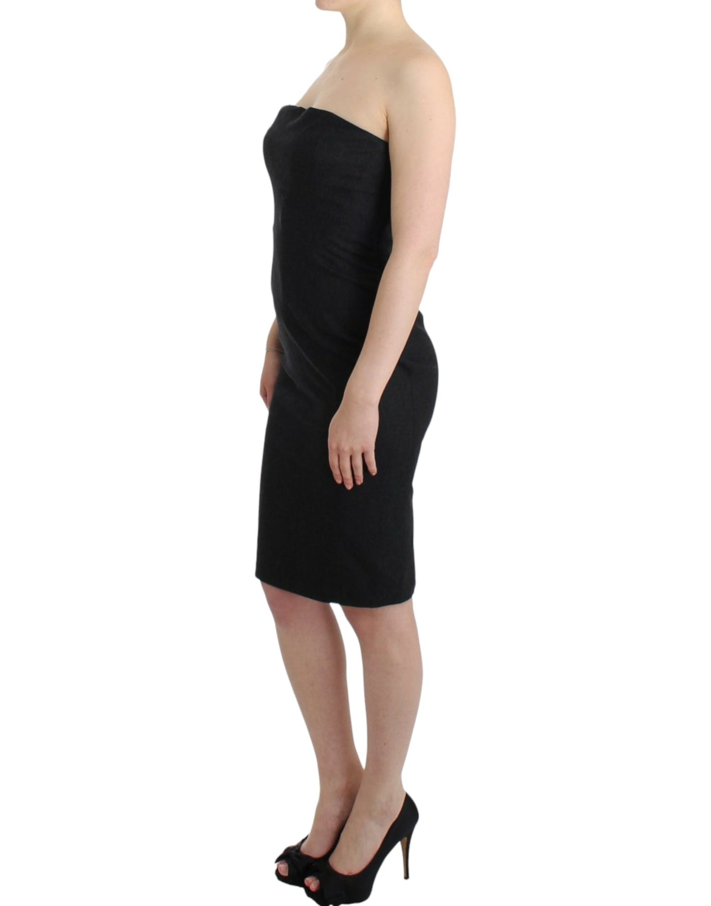 - Elegant Gray Strapless Dress with Gold Accents