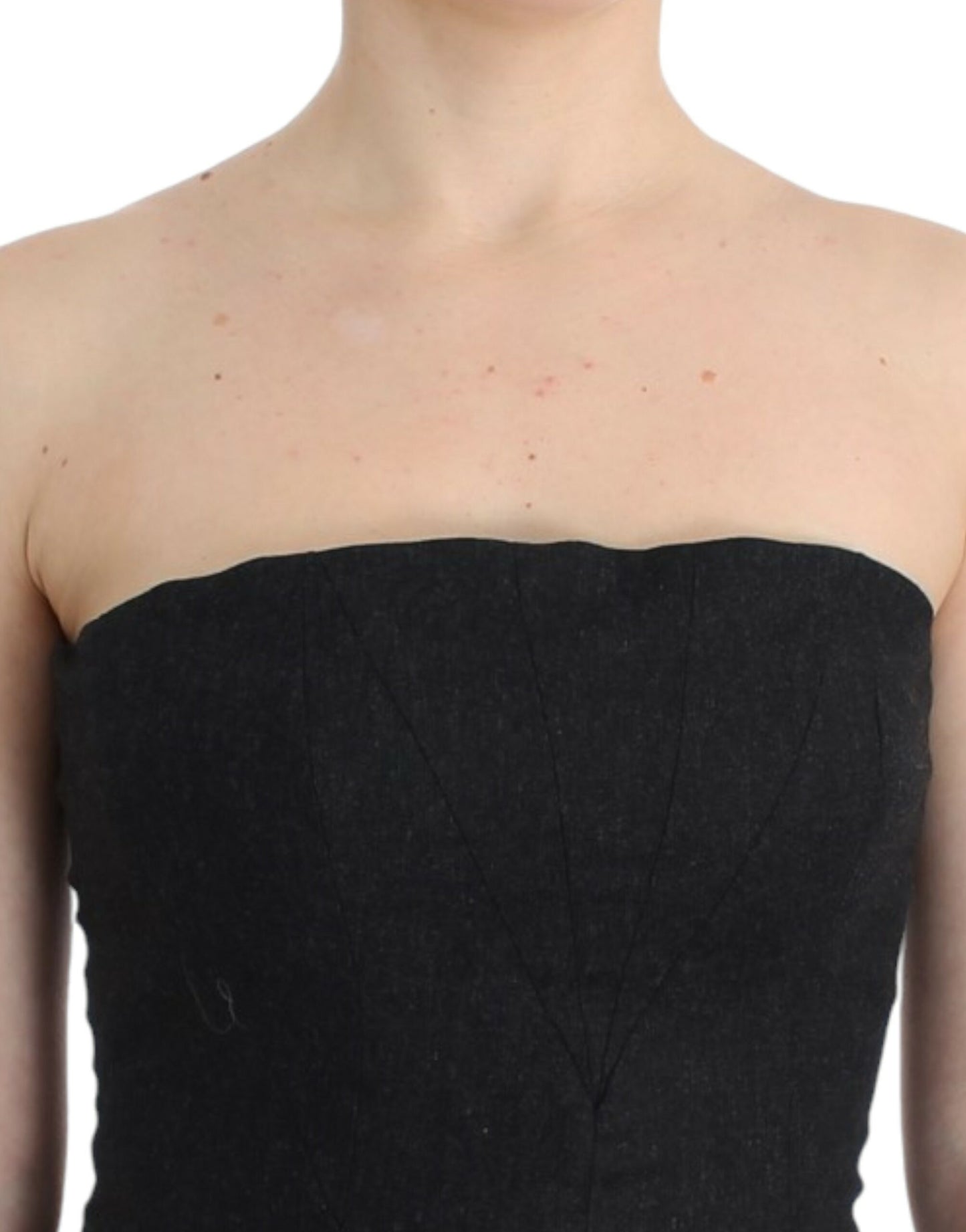 - Elegant Gray Strapless Dress with Gold Accents