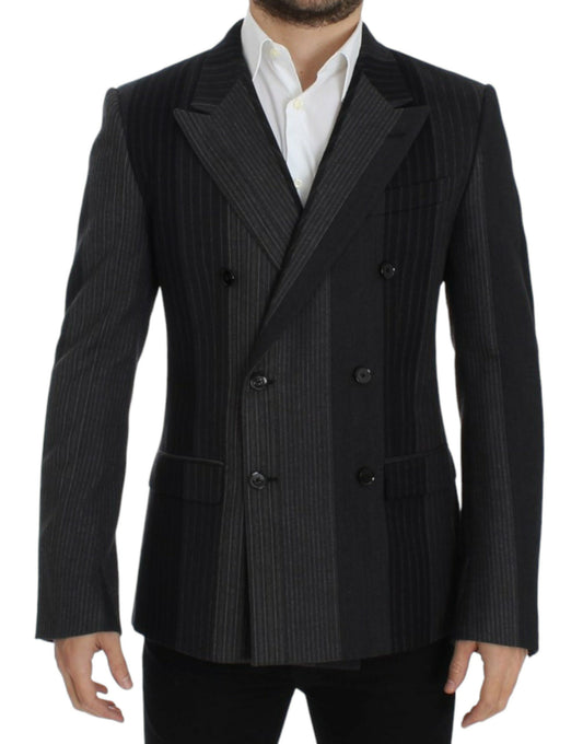 - Elegant Gray Striped Wool Slim Blazer