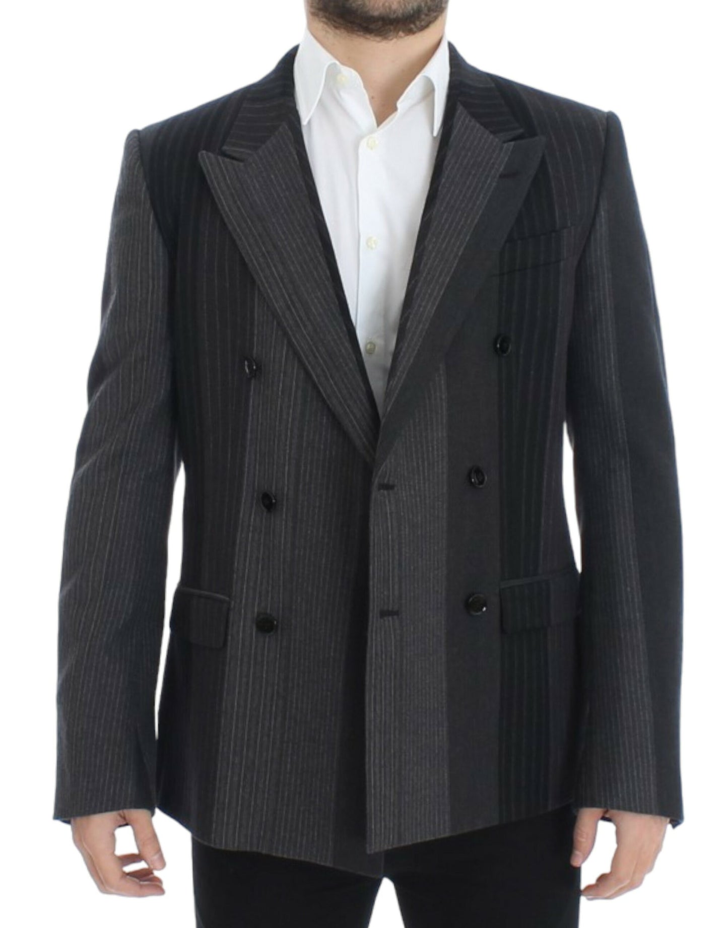- Elegant Gray Striped Wool Slim Blazer