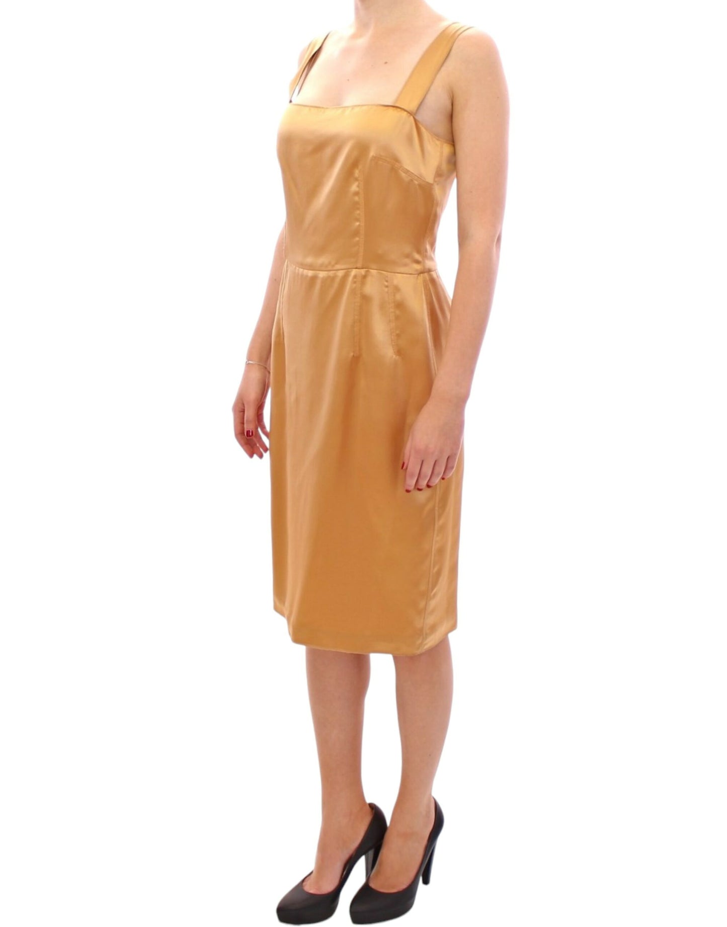 - Elegant Bronze Silk Knee-Length Sheath Dress