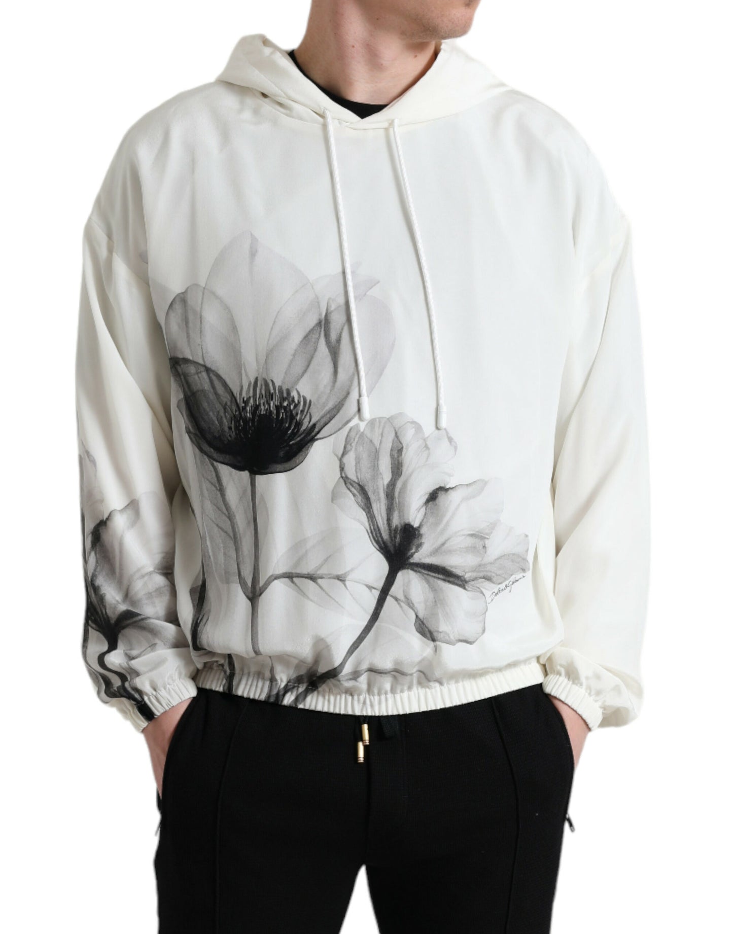 - Elegant Floral Silk Hooded Pullover