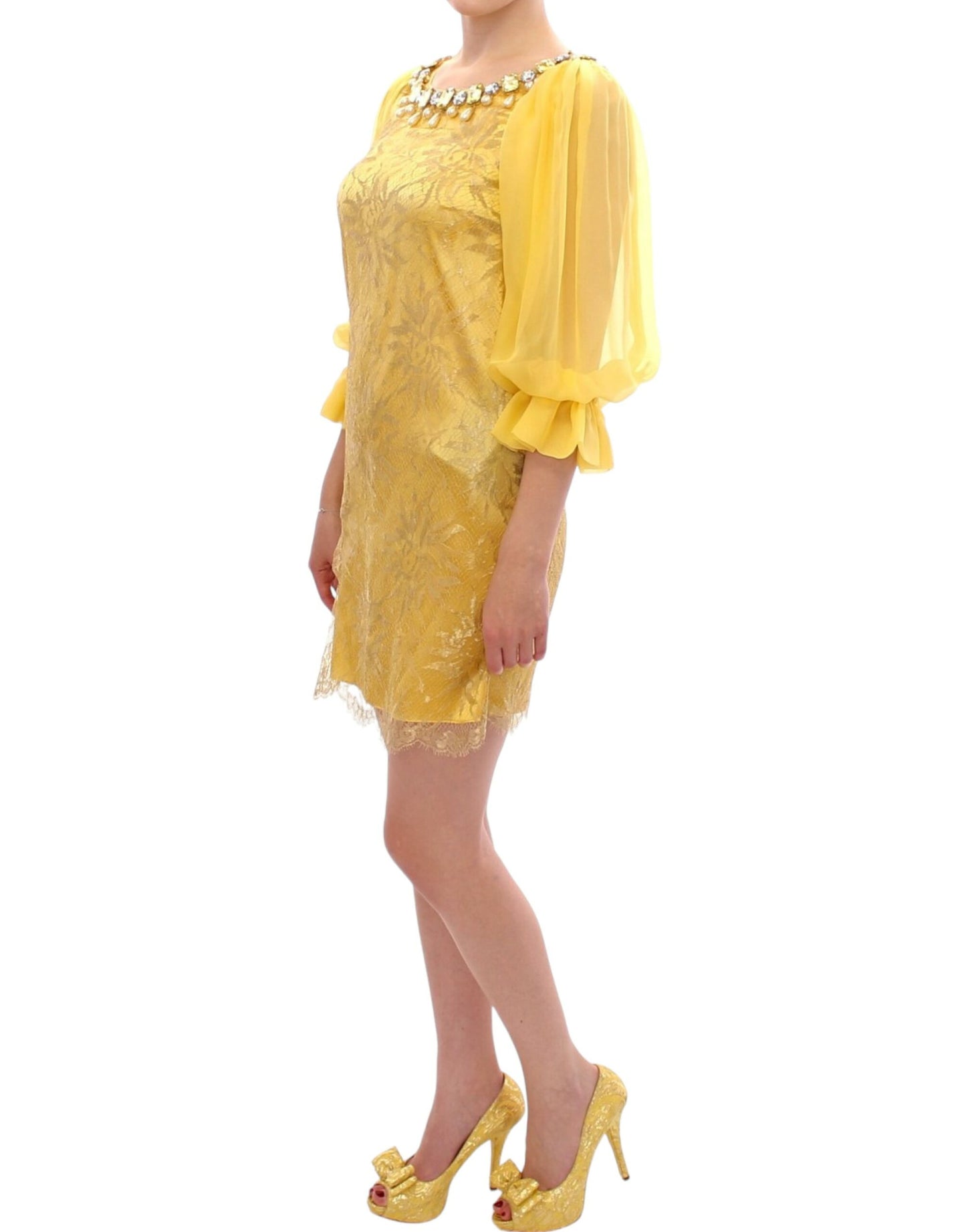 - Yellow Lace Crystal Embellished Mini Dress
