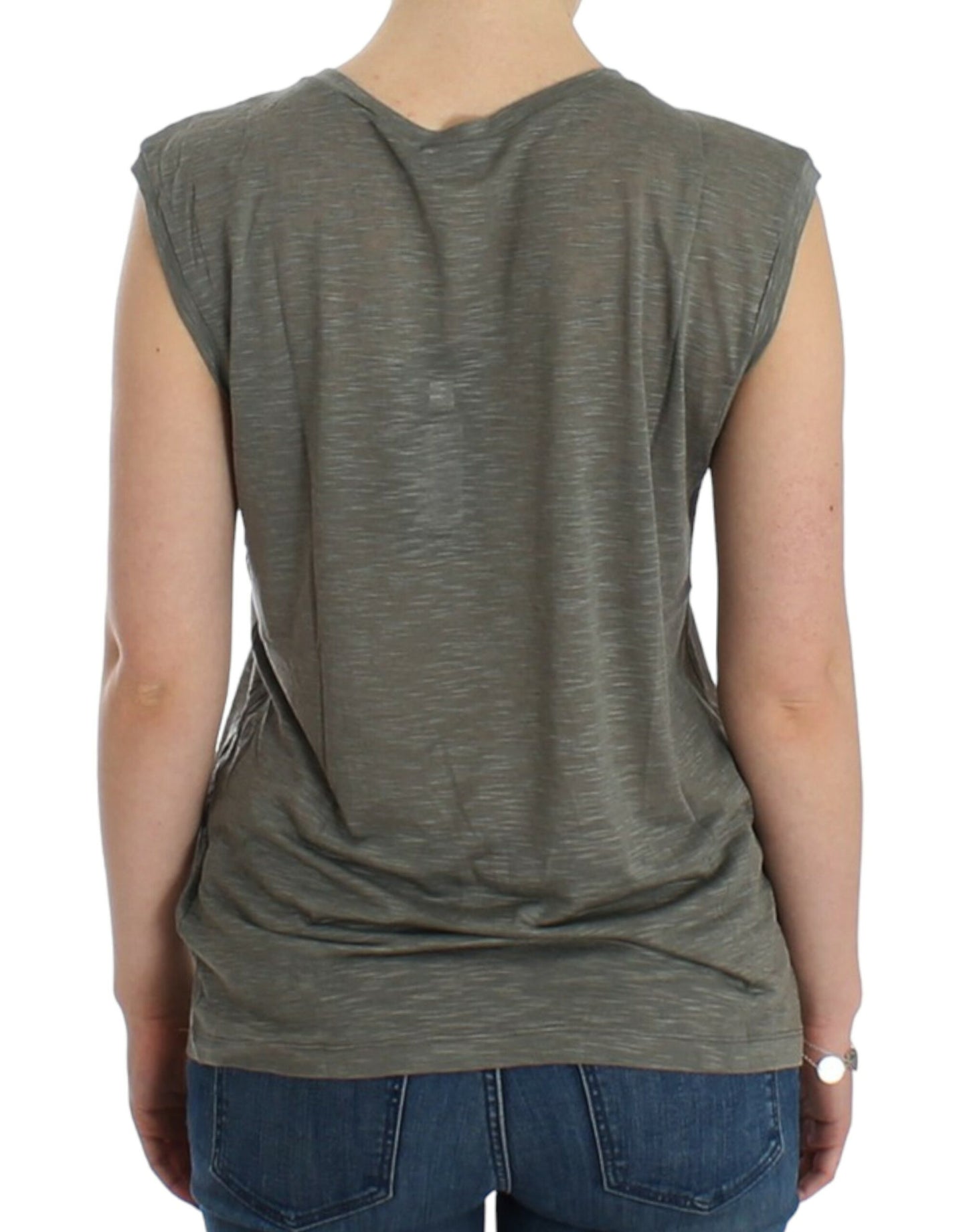 - Chic Sleeveless Gray Top with Blue Detailing