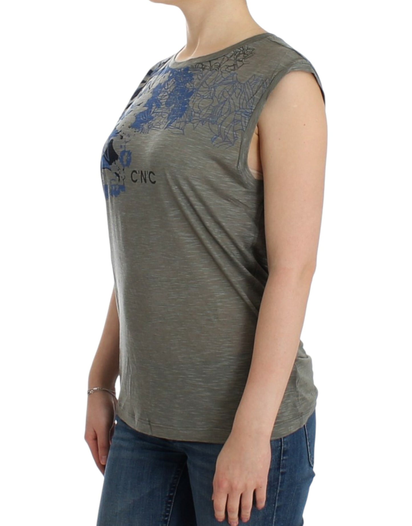 - Chic Sleeveless Gray Top with Blue Detailing